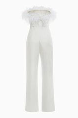 Opulent Feather Trim Strapless High Waist Wide Leg Bandage Jumpsuit