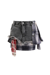 Preppy Plaid Patchwork Layered Panel High Rise Frayed Mini Denim Skirt