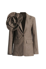 Retro 3D Rosette Embellished Lapel Collar Long Sleeve Herringbone Blazer