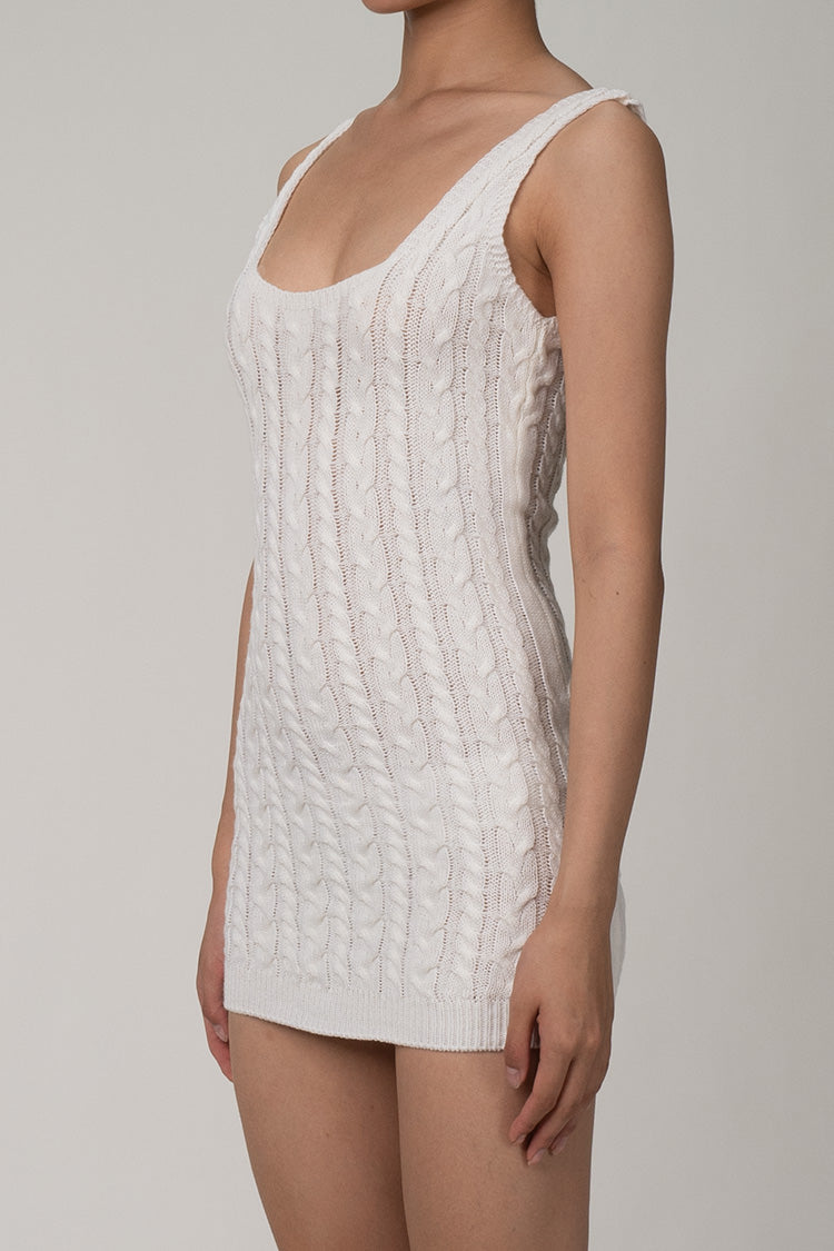 Sexy Cable Knit Sleeveless Mini Sweater Dress - White