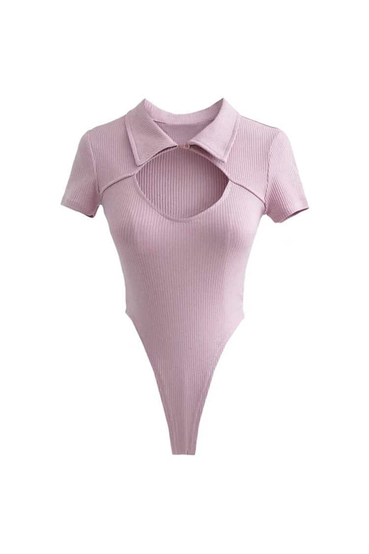 Sexy Cut Out Buttoned Collar Short Sleeve High Cut Ribbed Thong Bodysuit