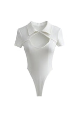 Sexy Cut Out Buttoned Collar Short Sleeve High Cut Ribbed Thong Bodysuit