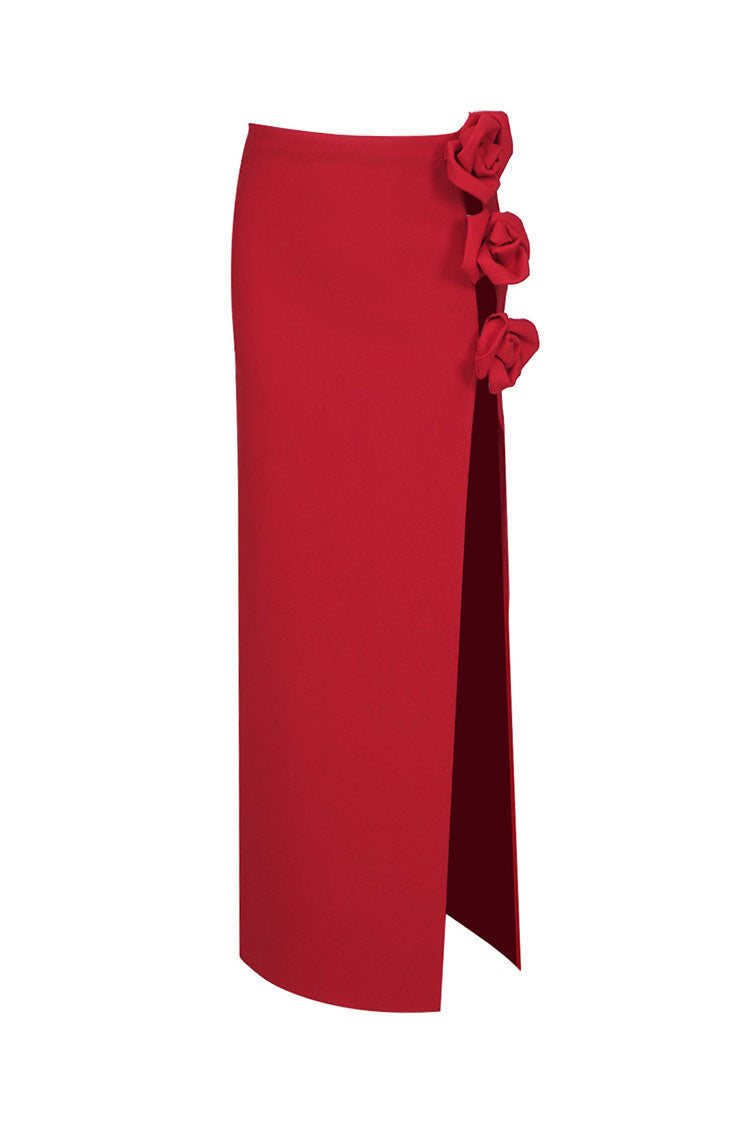 Sexy Cutout 3D Rosette High Waist Side Split Bandage A Line Maxi Skirt