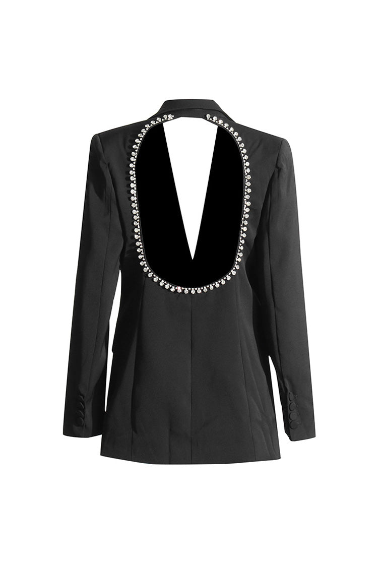 Sexy Cutout Back Rhinestone Trim Long Sleeve Cinched Waist Party Blazer