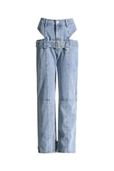 Sexy Cutout Double Waist High Rise Belted Detail Full Length Straight Jeans