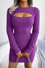 Sexy Cutout Fisherman Cable Knit Bodycon Sweater Mini Dress - Purple