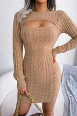 Sexy Cutout Fisherman Cable Knit Bodycon Sweater Mini Dress - Khaki