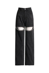 Sexy Cutout Rhinestone Trim High Waist Straight Leg Heart Seam Jeans