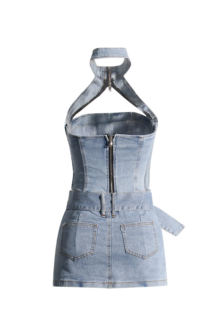 Sexy Cutout Zip Up Halter Crop Buckle Belt Two Piece Denim Micro Mini Dress