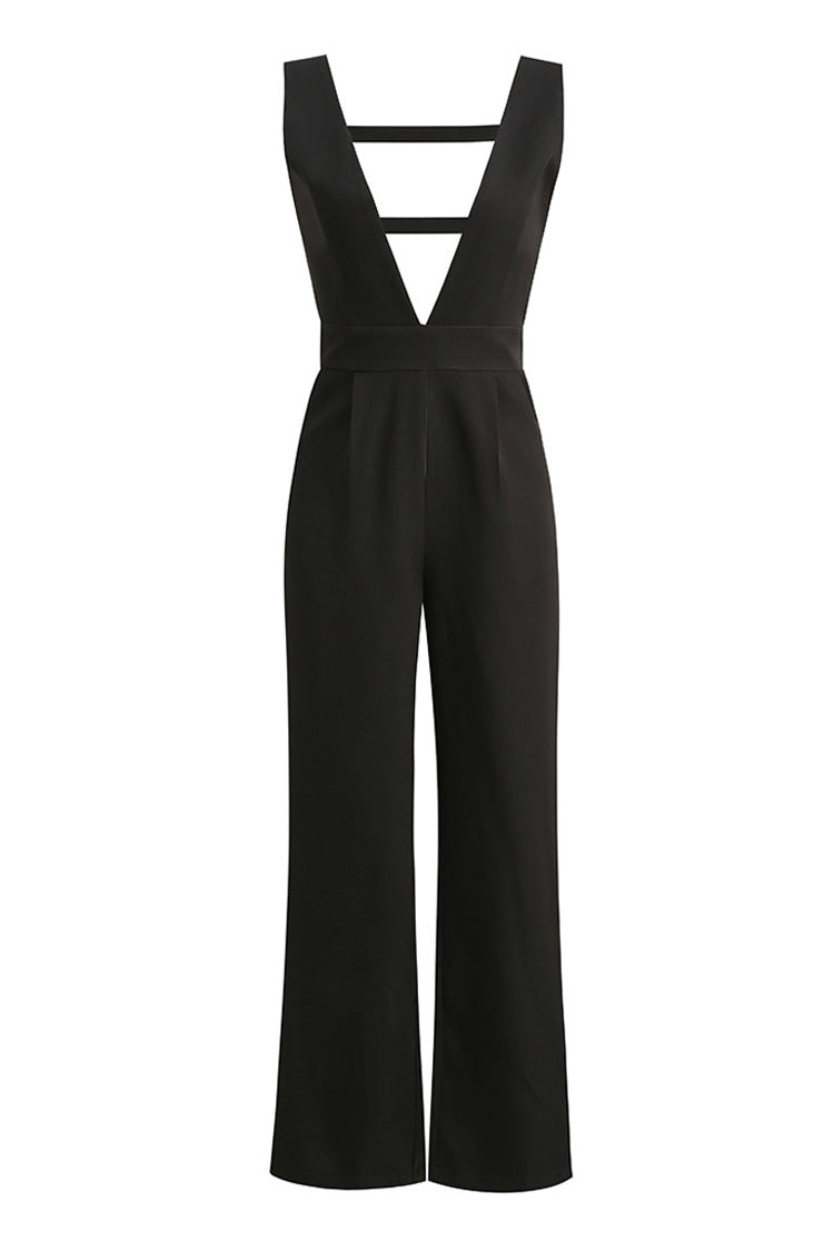 Sexy Deep V Neck Sleeveless Cut Out High Waist Wide Leg Tailored Jumpsuit