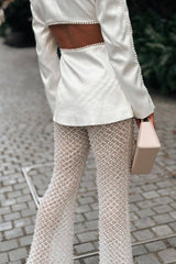 Sexy Faux Pearl High Waist Flared Leg Sheer Mesh Sequin Party Pants