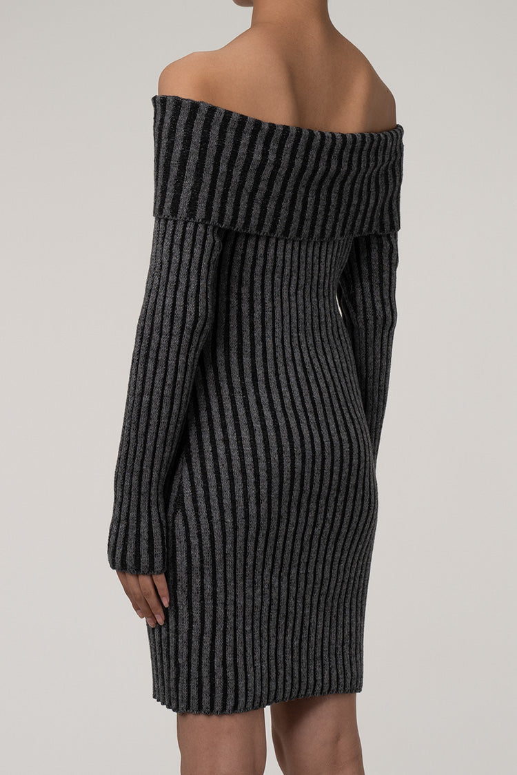 Sexy Folded Off Shoulder Long Sleeve Bodycon Ribbed Knit Sweater Mini Dress