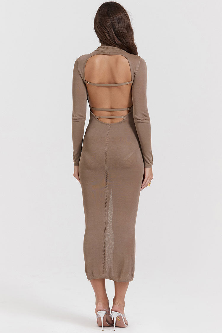 Sexy High Neck Long Sleeve Cutout Back Fit Semi Sheer Sweater Midi Dress - Khaki