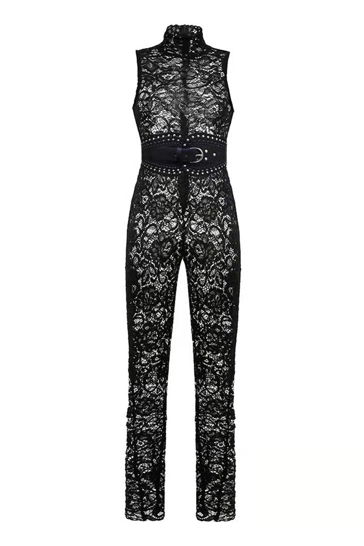 Sexy High Neck Sleeveless Metallic Studded Belt Skinny Sheer Lace Jumpsuit