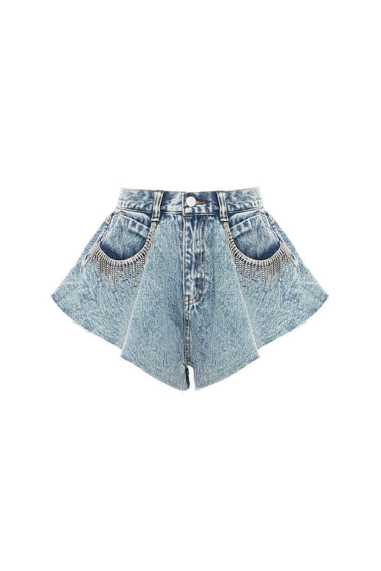 Sexy High Waist Rhinestone Fringe Ruffled Flare Leg Denim Micro Shorts