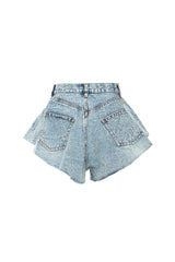 Sexy High Waist Rhinestone Fringe Ruffled Flare Leg Denim Micro Shorts