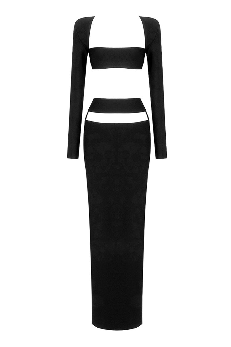 Sexy Long Sleeve Bra Top High Waist Cutout Bandage Two Piece Maxi Dress