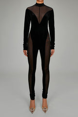 Sexy Mock Neck Long Sleeve Sheer Mesh Panel Velvet Skinny Jumpsuit