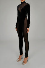 Sexy Mock Neck Long Sleeve Sheer Mesh Panel Velvet Skinny Jumpsuit