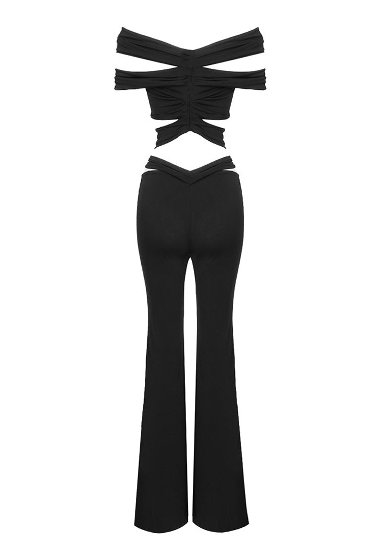 Sexy Rosette Ruched Cutout Off Shoulder Crop Two Piece Flared Pants Set