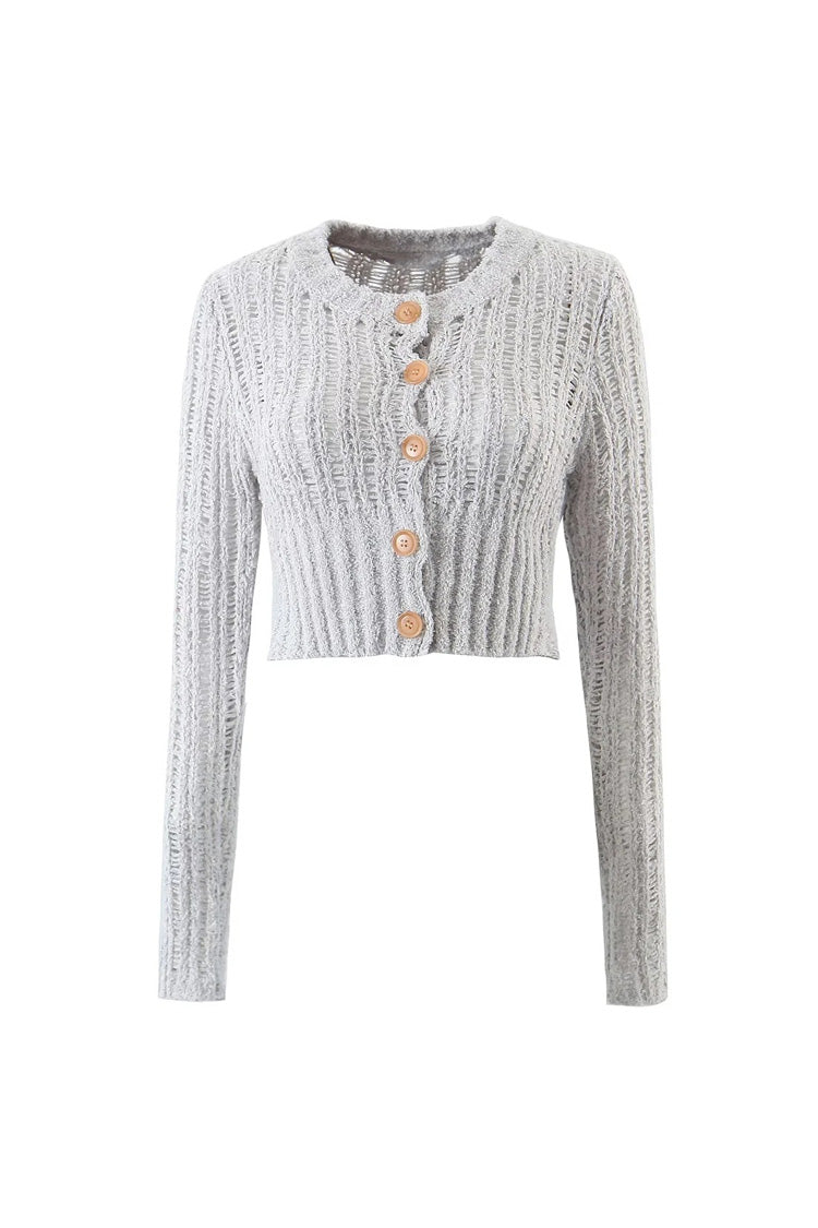 Sexy Round Neck Button Up Long Sleeve Ladder Knit Ribbed Crop Cardigan