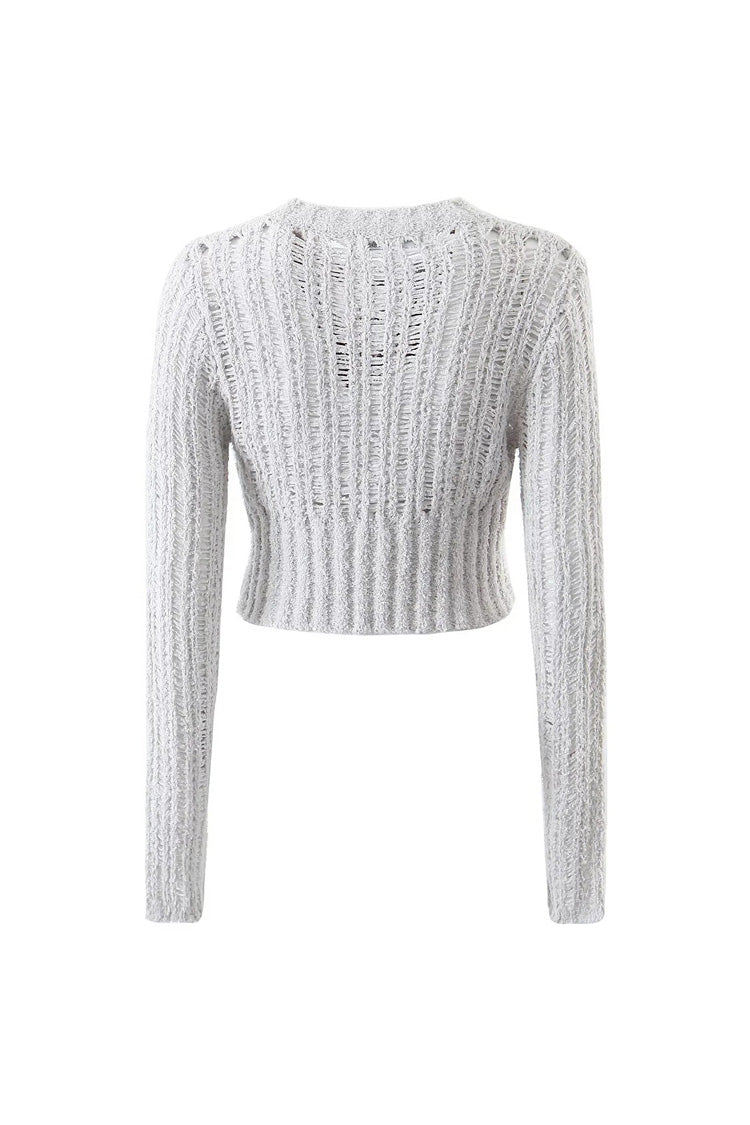 Sexy Round Neck Button Up Long Sleeve Ladder Knit Ribbed Crop Cardigan