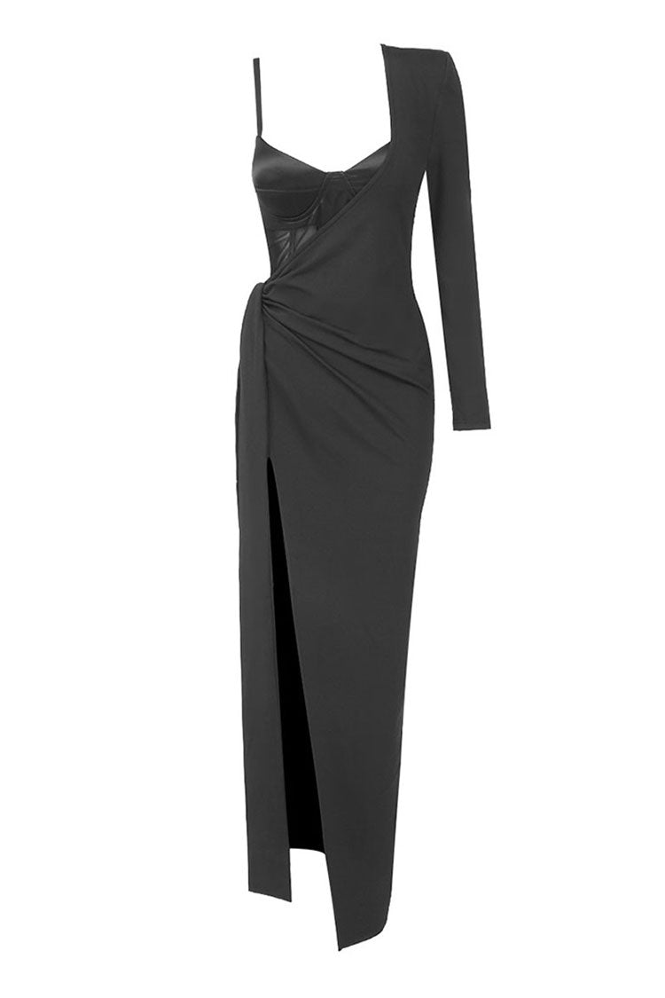 Sexy Satin Bra Mesh Bodysuit Tie Side Knot Split Two Piece Maxi Dress