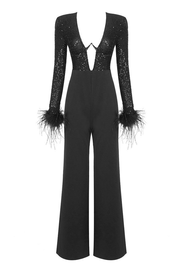 Sexy Sequin V Neck Underwire Feather Trim Long Sleeve Wide Leg Jumpsuit