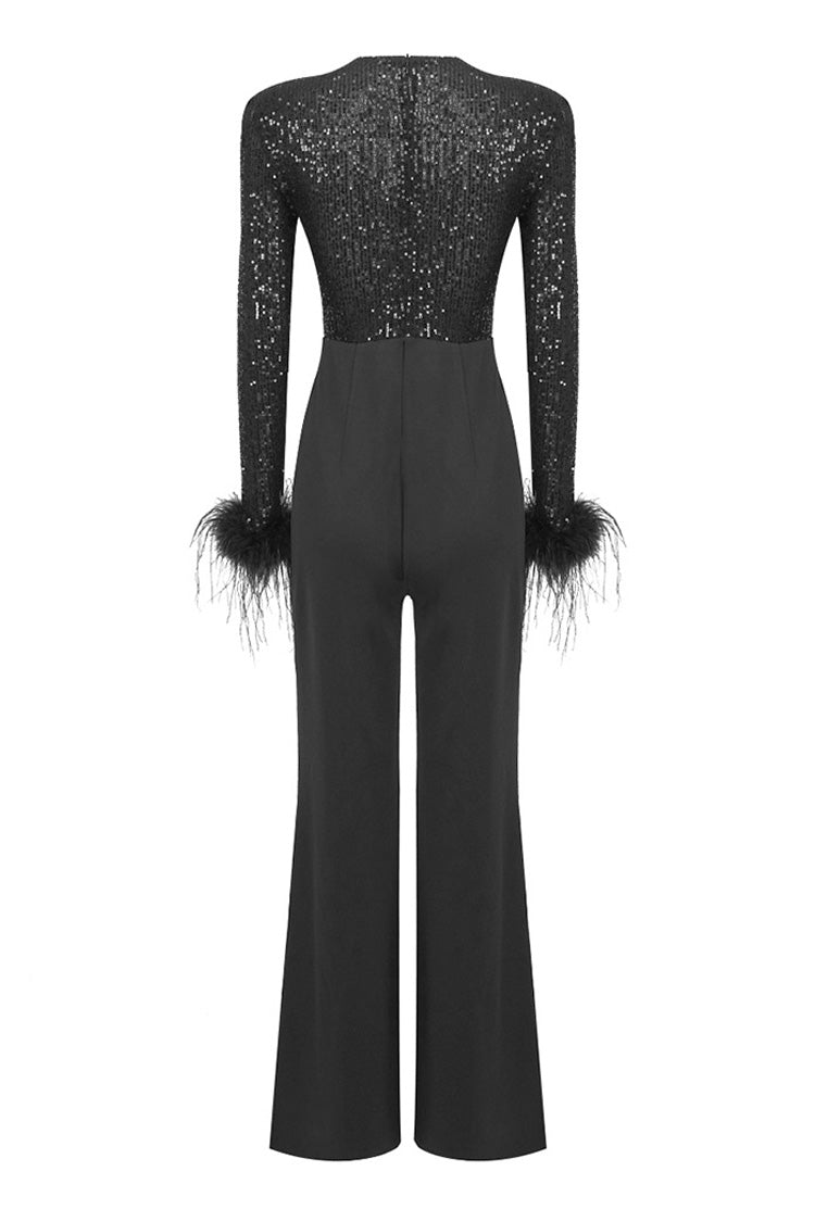 Sexy Sequin V Neck Underwire Feather Trim Long Sleeve Wide Leg Jumpsuit