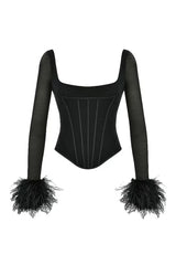 Sexy Square Neck Feather Trim Sheer Mesh Long Sleeve Crop Corset Top