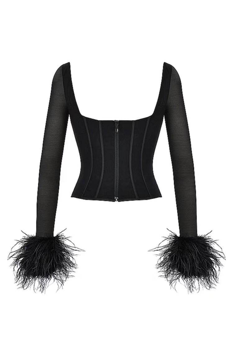 Sexy Square Neck Feather Trim Sheer Mesh Long Sleeve Crop Corset Top