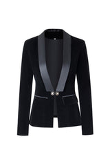 Silky Satin Shawl Collar Plunge Long Sleeve Cinched Waist Velvet Blazer