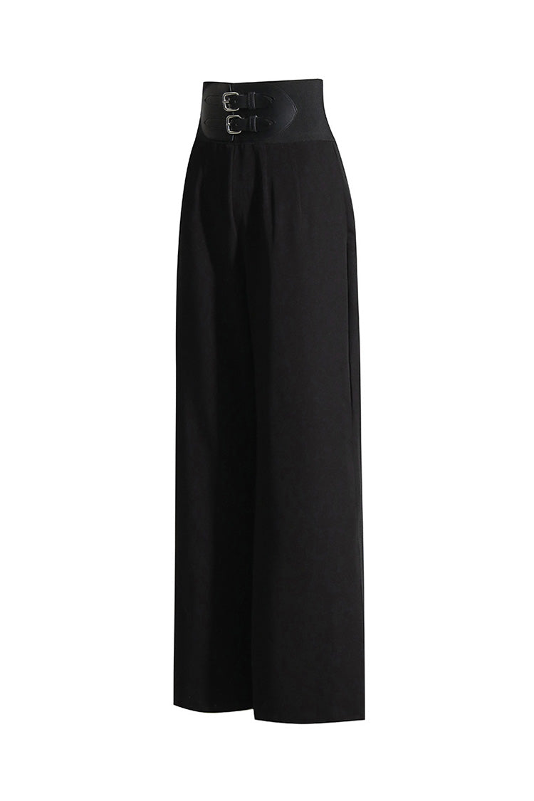 Sleek Belt Effect Pleated Trim High Waist Wide Leg Full Length Pants