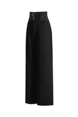 Sleek Belt Effect Pleated Trim High Waist Wide Leg Full Length Pants