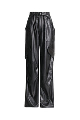 Sleek Draped Belted Low Rise Wide Leg Ruched Vegan Leather Cargo Pants