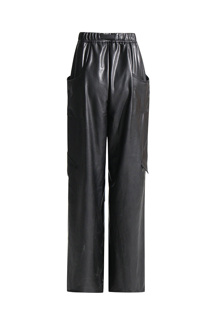 Sleek Draped Belted Low Rise Wide Leg Ruched Vegan Leather Cargo Pants