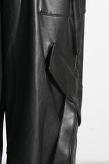 Sleek Draped Belted Low Rise Wide Leg Ruched Vegan Leather Cargo Pants