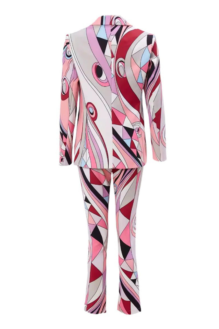 Smart Casual Abstract Print Lapel Cinch Waist Skinny Print Two Piece Blazer Set