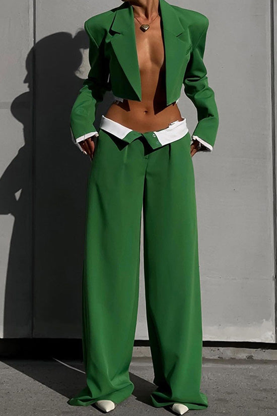 Smart Casual Lapel Crop Blazer Contrast Foldover Waist Two Piece Suit Pants Set