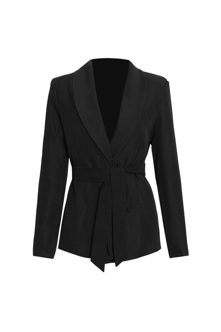 Smart Casual Solid Shawl Collar Shoulder Pad Cinch Waist Belted Blazer