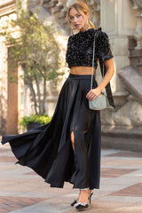 Sparkly Bow Trim Sequin Crop Top Satin Split Skirt Two Piece Maxi Dress - Black