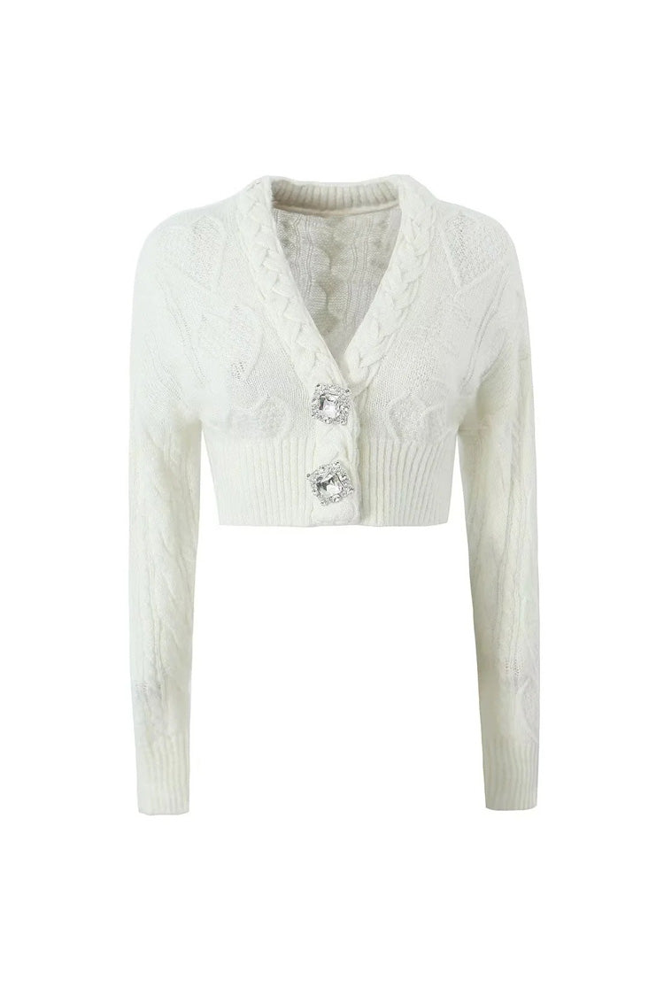 Sparkly Button Braided Cable Knit V Neck Heart Fisherman Crop Cardigan