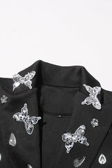 Sparkly Crystal Peak Lapel Zip Up Cinch Waist Butterfly Sequin Party Blazer