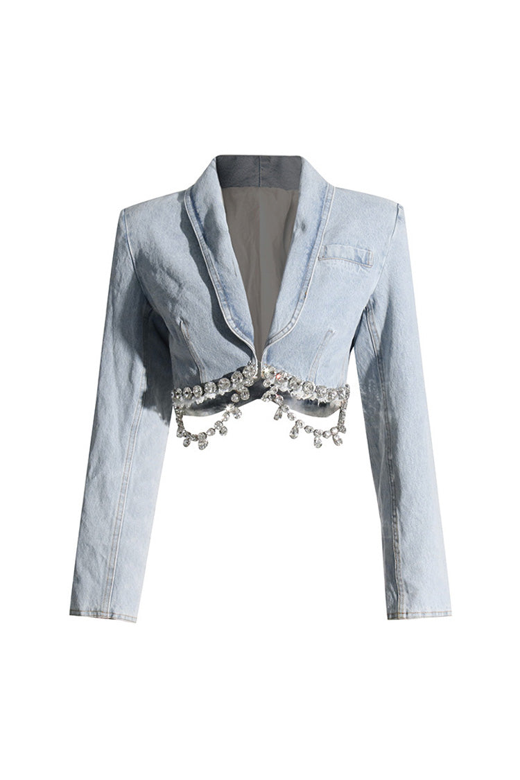 Sparkly Dangled Diamante Frayed Hem Shawl Collar Cropped Denim Jacket