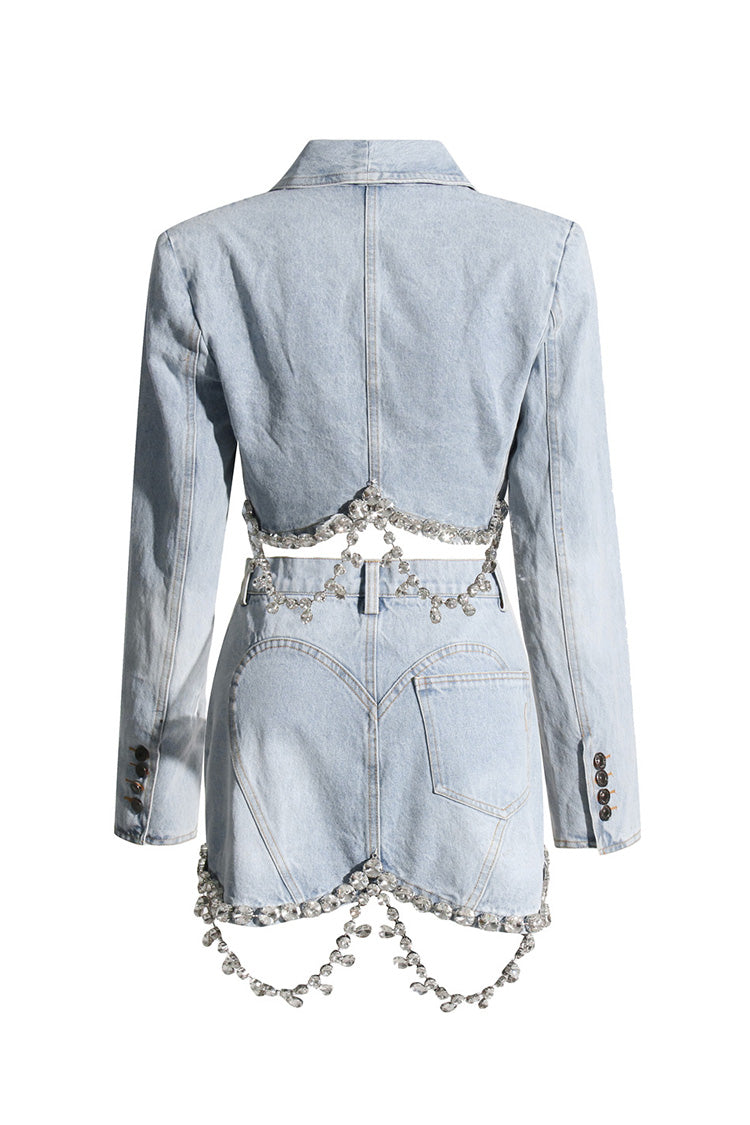 Sparkly Dangled Diamante Frayed Hem Shawl Collar Cropped Denim Jacket