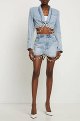 Sparkly Dangled Diamante High Waist Bodycon Micro Short Denim Skirt