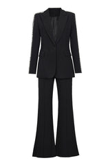 Sparkly Diamante Lapel Cinch Waist High Rise Flared Pant Two Piece Blazer Set