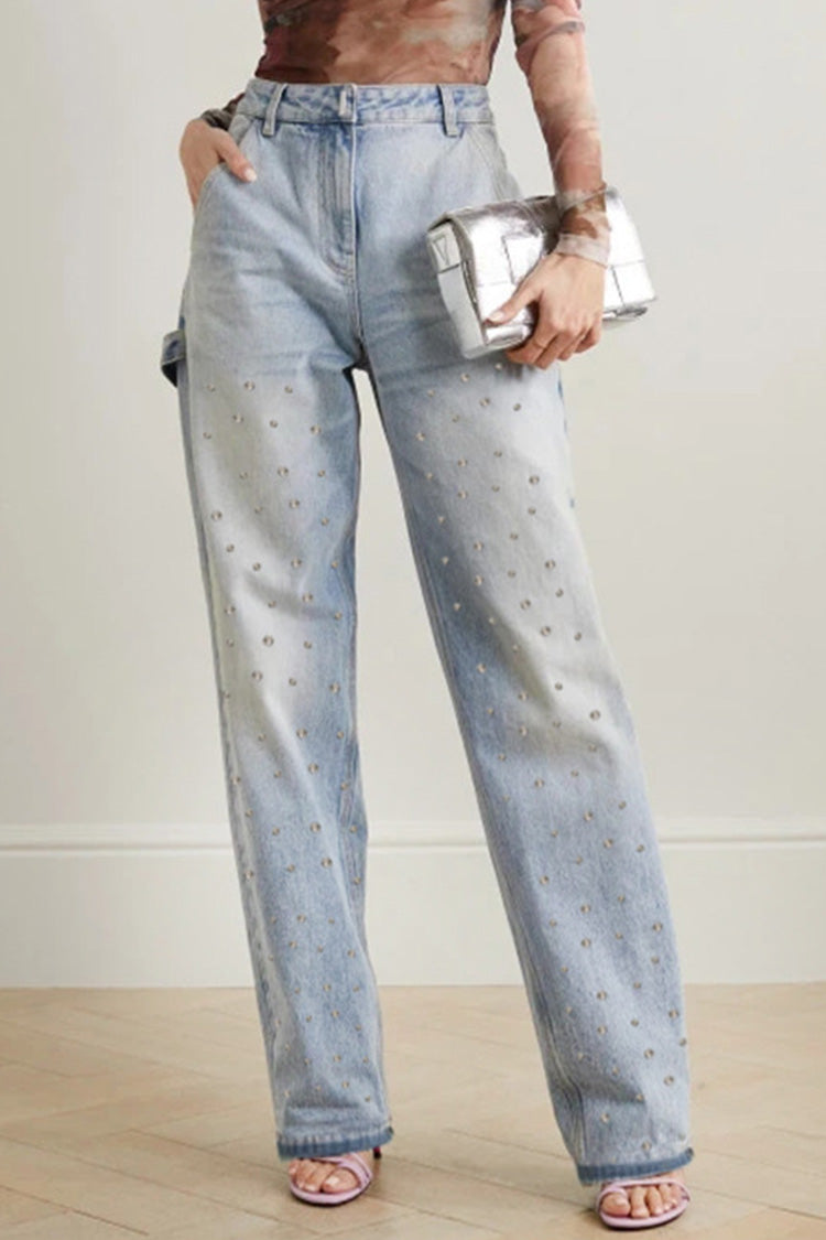 Sparkly Rhinestone Embellished High Waist Straight Leg Full Length Jeans