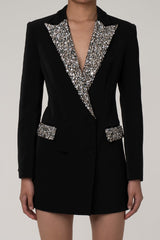 Sparkly Rhinestone Notch Lapel Double Breasted Cinched Waist Long Blazer