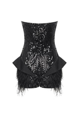 Sparkly Sequin Embroidered Lace Strapless Feather Trim Peplum Bodysuit